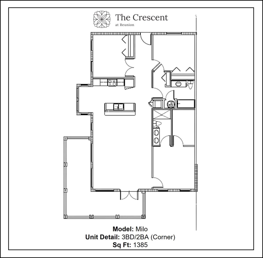 Floor Blueprint showing living room, integrated kitchen, three bedrooms and two bathrooms