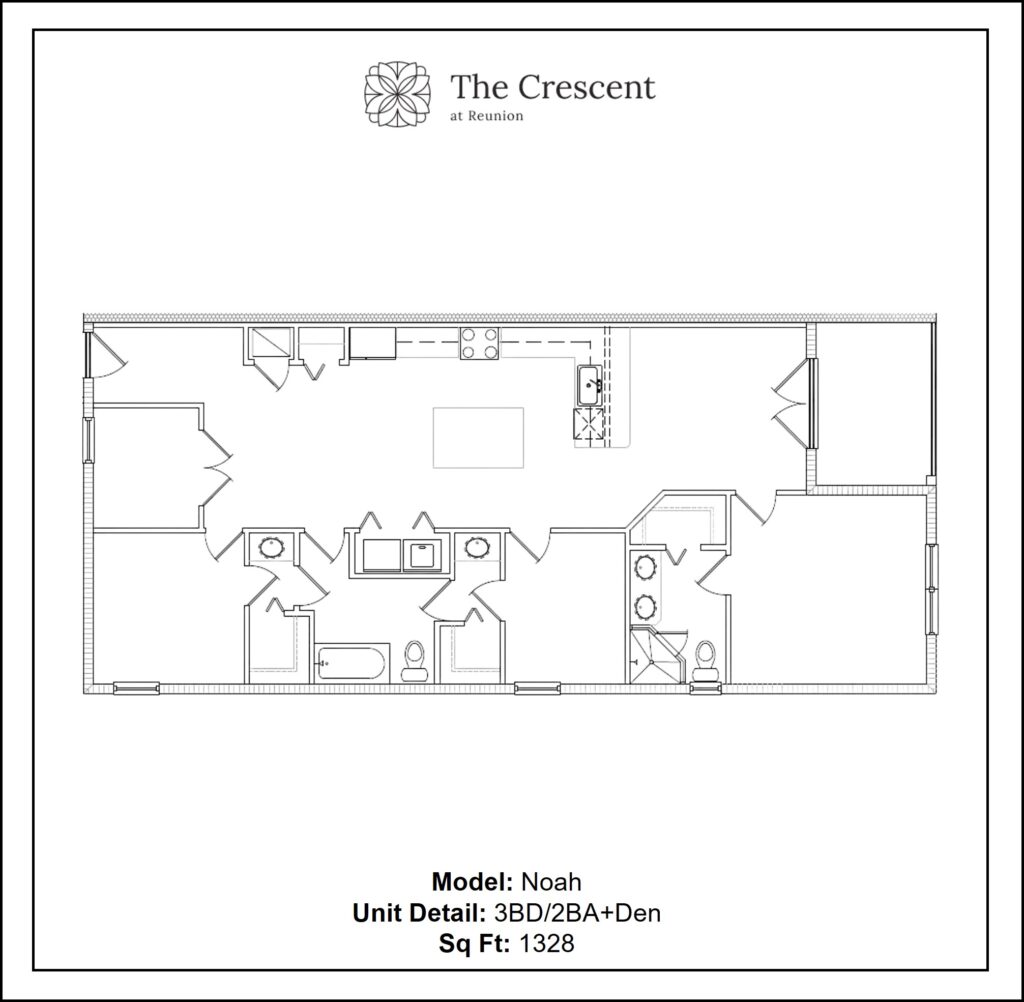 Floor Blueprint showing living room, integrated kitchen, three bedrooms and two bathrooms